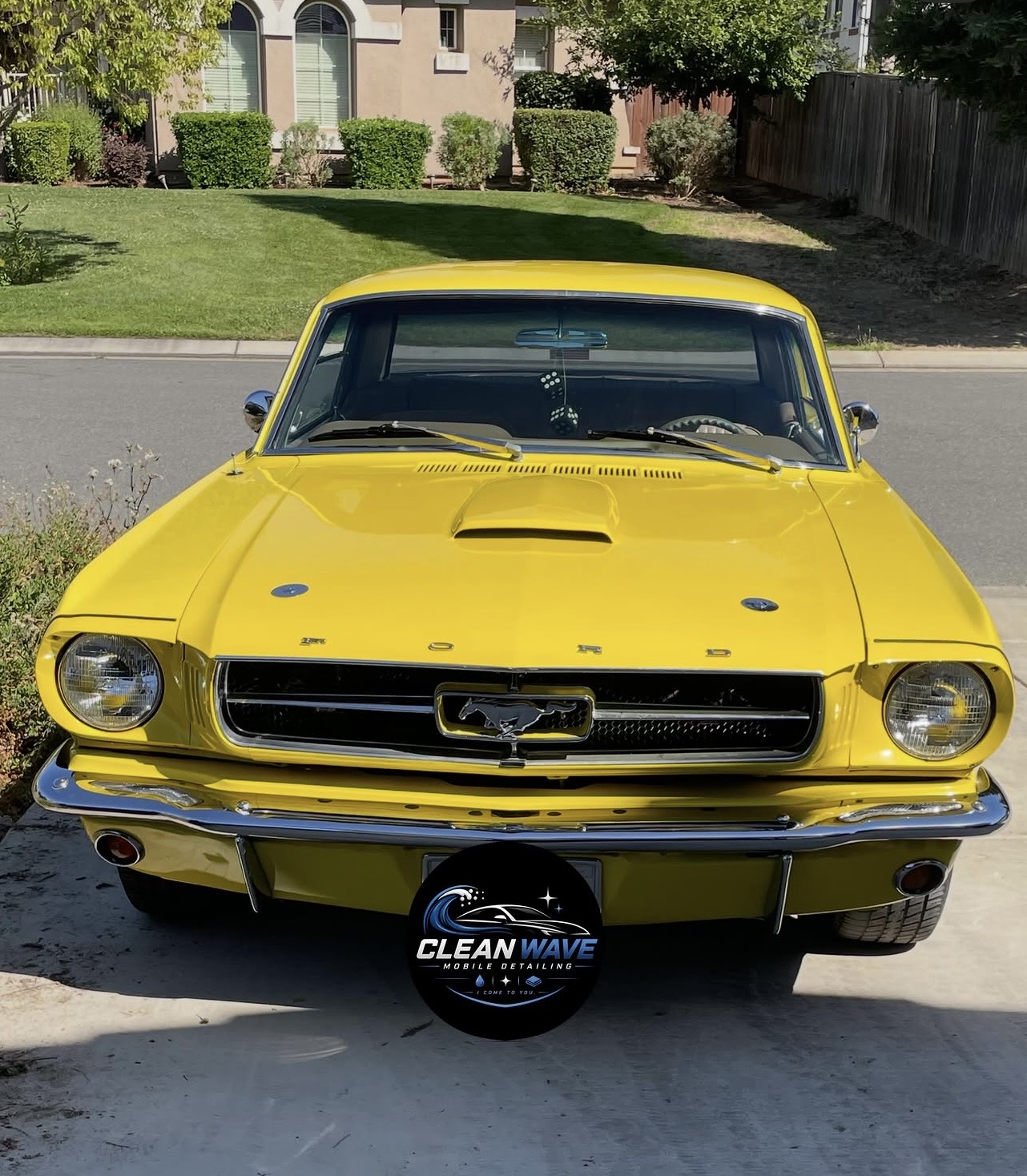 Classic yellow Mustang — front end after detailing